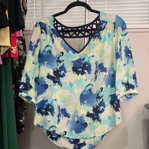 Iz Byer Floral V-Neck Blouse - Blue‎ and Green